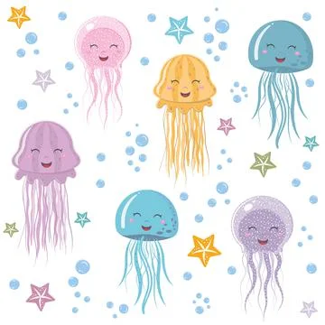 Jellyfish pattern, color vector illustration on a white background Stock Illustration