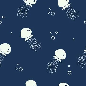 Jellyfish seamless pattern on blue background. Marine life with air bubbles Stock Illustration