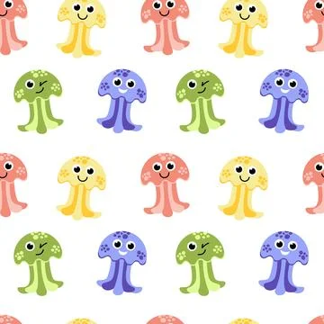 Jellyfish seamless pattern. Flat, cartoon, vector Stock Illustration