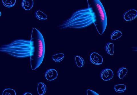Jellyfish seamless pattern with neon glowing vibrant glitchy abstract background Stock Illustration