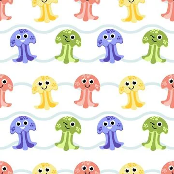 Jellyfish seamless pattern with waves. Flat, cartoon, vector Illustrazione stock