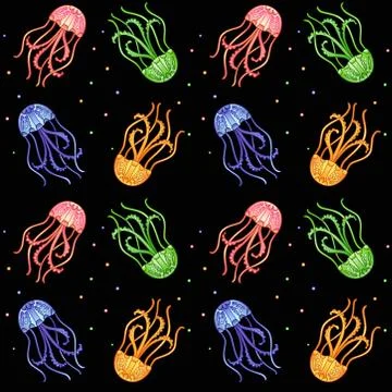 Jellyfish Seamless vector pattern with colorful jellyfish on a black background. Stock Illustration