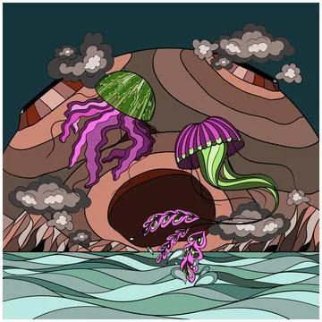 Jellyfish in the sky among the clouds Stock Illustration