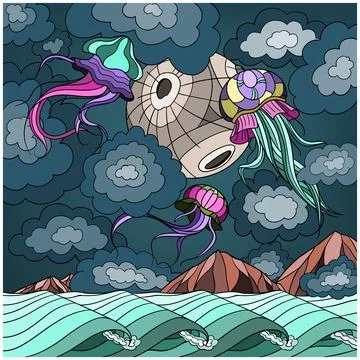 Jellyfish in the sky among the clouds Stock Illustration