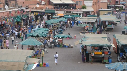 Jemaa el fna square, Marrakech, Morocco, africa in 4K, stalls and shops Stock Footage 93896598