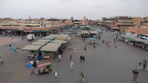 Jemaa el fna square, Marrakech, Morocco, africa in 4K, stalls and shops Stock Footage 93896809