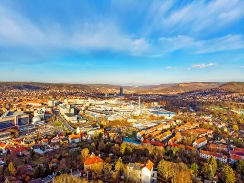 Jena Thuringia from above with a view towards the city center Stock Photos