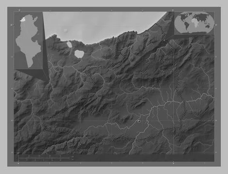 Jendouba, Tunisia. Grayscale elevation map with lakes and rivers Stock Illustration