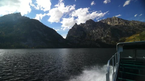 Jenny String Lake Grand Tetons National Park boat ride Mount Moran peak Stock Footage 255994794