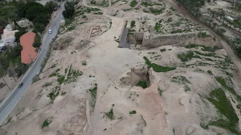 Jericho, Tell es-Sultan, Drone View of Stone Tower and Oldest City, 4K Stock Footage 297221373