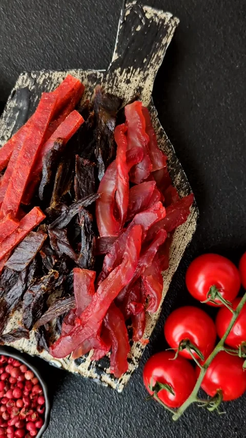 Jerky, dried fish in the form of sticks with salt, spices and herbs Stock Footage 302339424