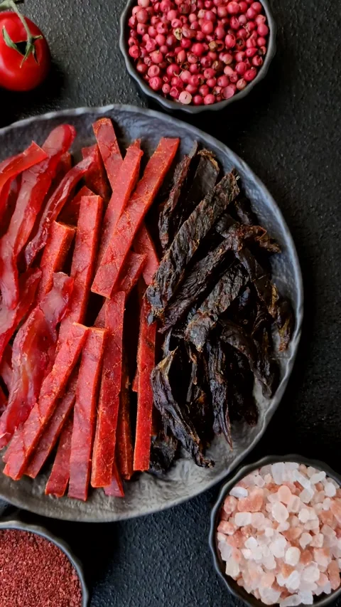 Jerky, dried fish in the form of sticks with salt, spices and herbs Stock Footage 302339449