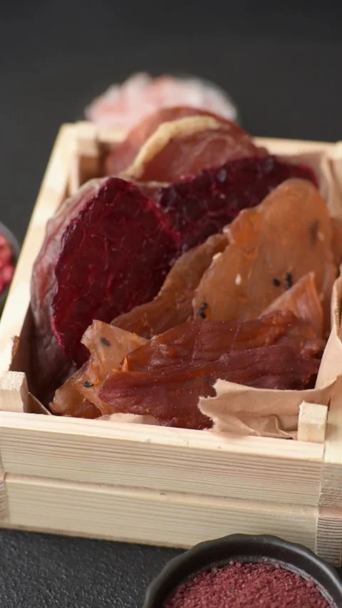 Jerky, dried fish in the form of sticks with salt, spices and herbs Stock Footage 303442604
