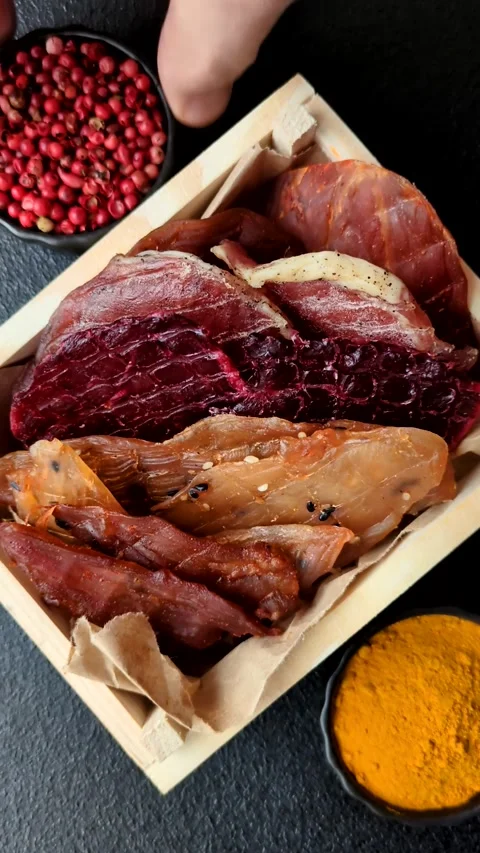 Jerky, dried fish in the form of sticks with salt, spices and herbs Stock Footage 303442646
