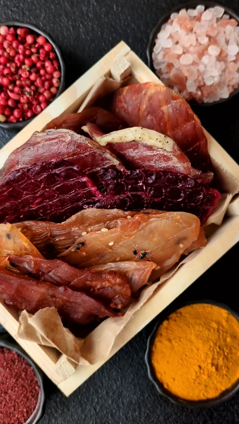 Jerky, dried fish in the form of sticks with salt, spices and herbs Stock Footage 303442647