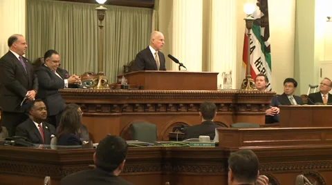 Jerry Brown California Governor gives state speech, Legislators at Capitol Stock Footage