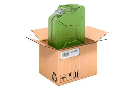 Jerry can inside cardboard box, delivery concept. 3D rendering 스톡 일러스트