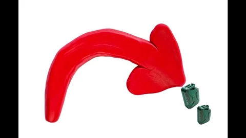 Jerrycans falling along a red curved arrow.  fuel price volatility 스톡 동영상 331216470