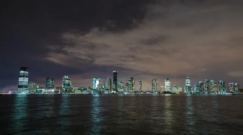 Jersey City Skyline as seen from Manhattan, New York Night Timelapse Stock Footage