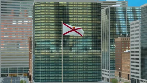 Jersey Flag 3D Render Animation on Pole with Modern Business District Buildi Stock-Footage 332878442