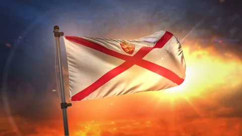 Jersey Flag Backlit At Beautiful Sunrise Loop Slow Motion 4K Stock Footage 76522501