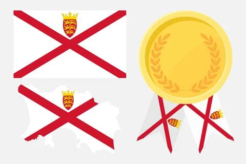 Jersey flag with map and gold medal in set for web and banners or app and gam Stock Illustration