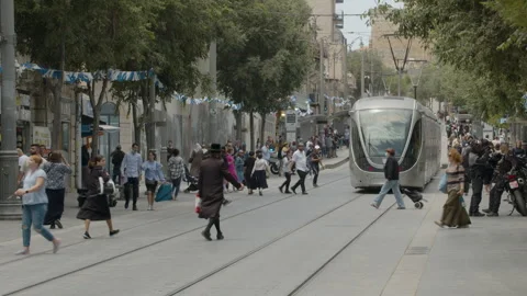Jerusalem in 6K - Jaffa street with light train/ commercial license granted Stock Footage 241826807