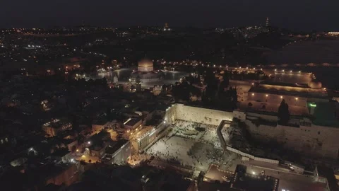 Jerusalem Aerial Western Wall Temple Mt slow approach at night 0034 Stock Footage