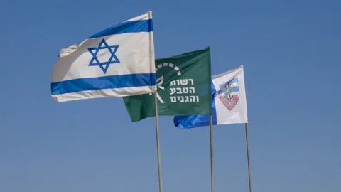 Jerusalem and Israel flags oa a blue sky background Stock Footage 76449784