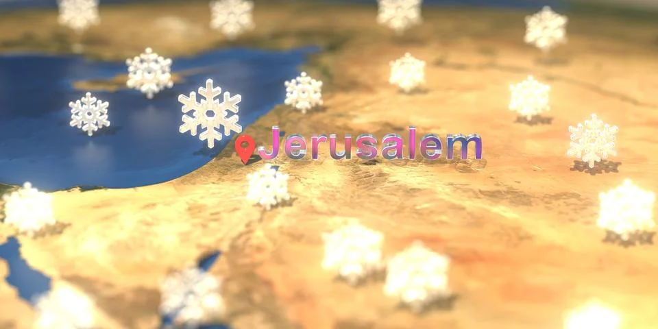 Jerusalem city and snowy weather icon on the map, weather forecast related 3D Stock Illustration