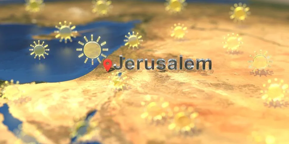 Jerusalem city and sunny weather icon on the map, weather forecast related 3D Stock Illustration