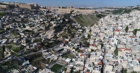 Jerusalem City of David to Temple Mount Kidron Valley Aerial Stock Footage