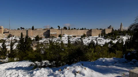 Jerusalem city walls after snow 151213 4 Stock Footage 34630970