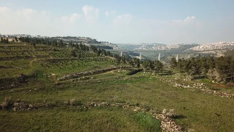 Jerusalem Hills and Train Bridge Aerial view Stock Footage 111130788