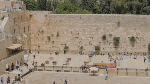 JERUSALEM/ ISRAEL - JUN, 23, 2018: View from top onto Western Wall Stock Footage 100368494