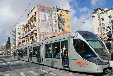 JERUSALEM - The light rail train Stock Photos