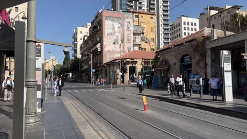 Jerusalem light train city street footage, Jaffa street, Israel Video stock 249195211
