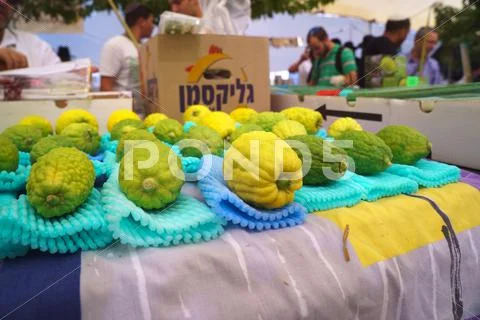 JERUSALEM - OCTOBER 7, 2014: Religious Jews at a lulav market place, Israel Stock Photos