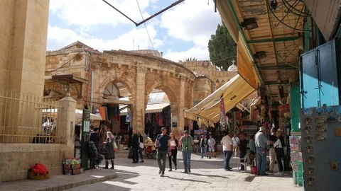 Jerusalem old city bazaar, walking people, tourists Stock Footage 82250432