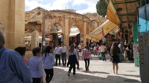 Jerusalem old city bazaar, walking people, tourists Stock Footage 82302825