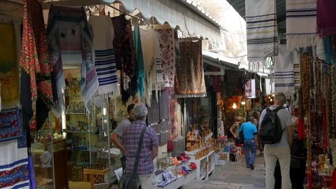 Jerusalem old city bazaar, walking people, tourists Stock Footage 82304582