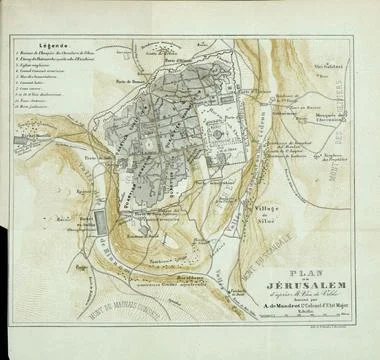 Jerusalem old city map showing historical landmarks and quarters, a vintage.. Stock Illustration