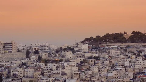 Jerusalem old city panoramic view. Old buildings, sunset. Mount of Olives. Stock Footage 102840205