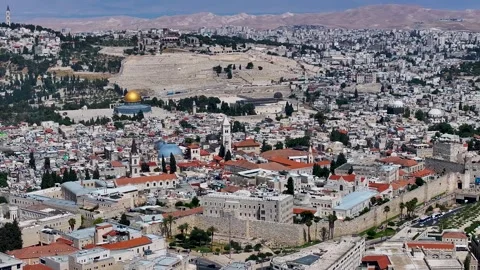 Jerusalem Old City Rooftops and Mount of Olives Landscape Stock Footage 341509030