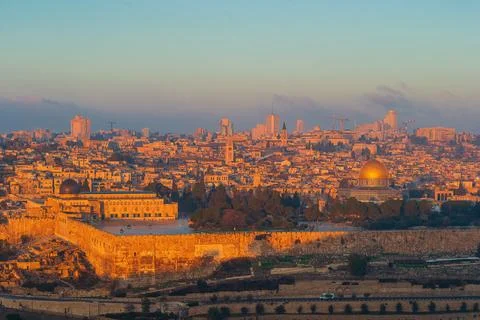 Jerusalem old town from Mount of Olives at sunrise. Stock Photos
