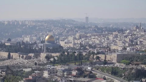 Jerusalem panorama dom of the rock tample mount western wall Stock-Footage 80379297