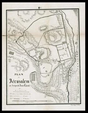 Jerusalem plan during Jesus Christ time, historical vintage map of Israel d.. Stock Photos