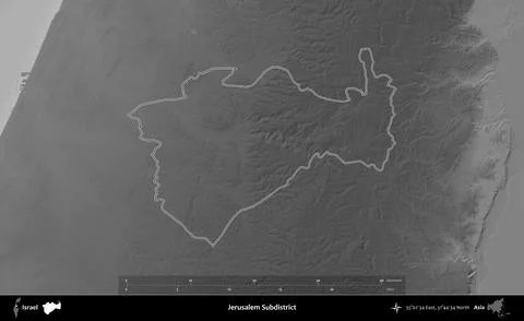 Jerusalem Subdistrict outlined, Israel. Grayscale Stock Illustration