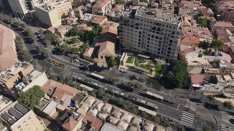 Jerusalem tram light rail train aerial d... | Stock Video | Pond5