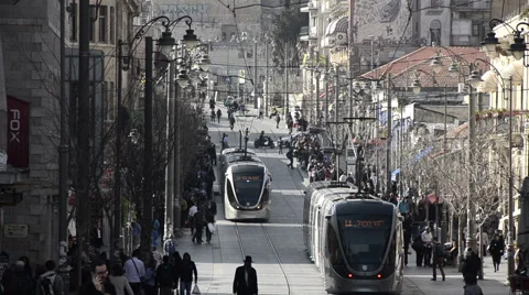 Jerusalem trams, Jaffa street long shot, Israel Stock Footage 49904885